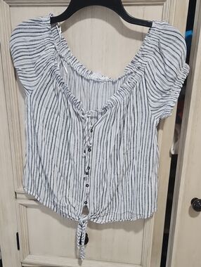 Hippie Rose White & Black Striped Tie-Front Peasant Top